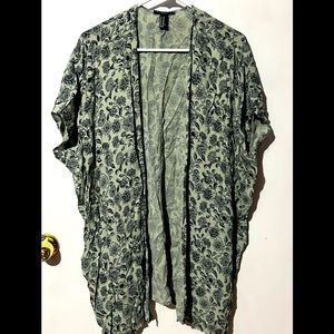 Sage green black floral print kimono